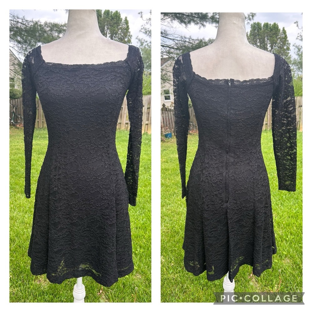 Vintage 90s y2k Black Lace Square Neck A-Line Twirly Whimsigoth Dress S